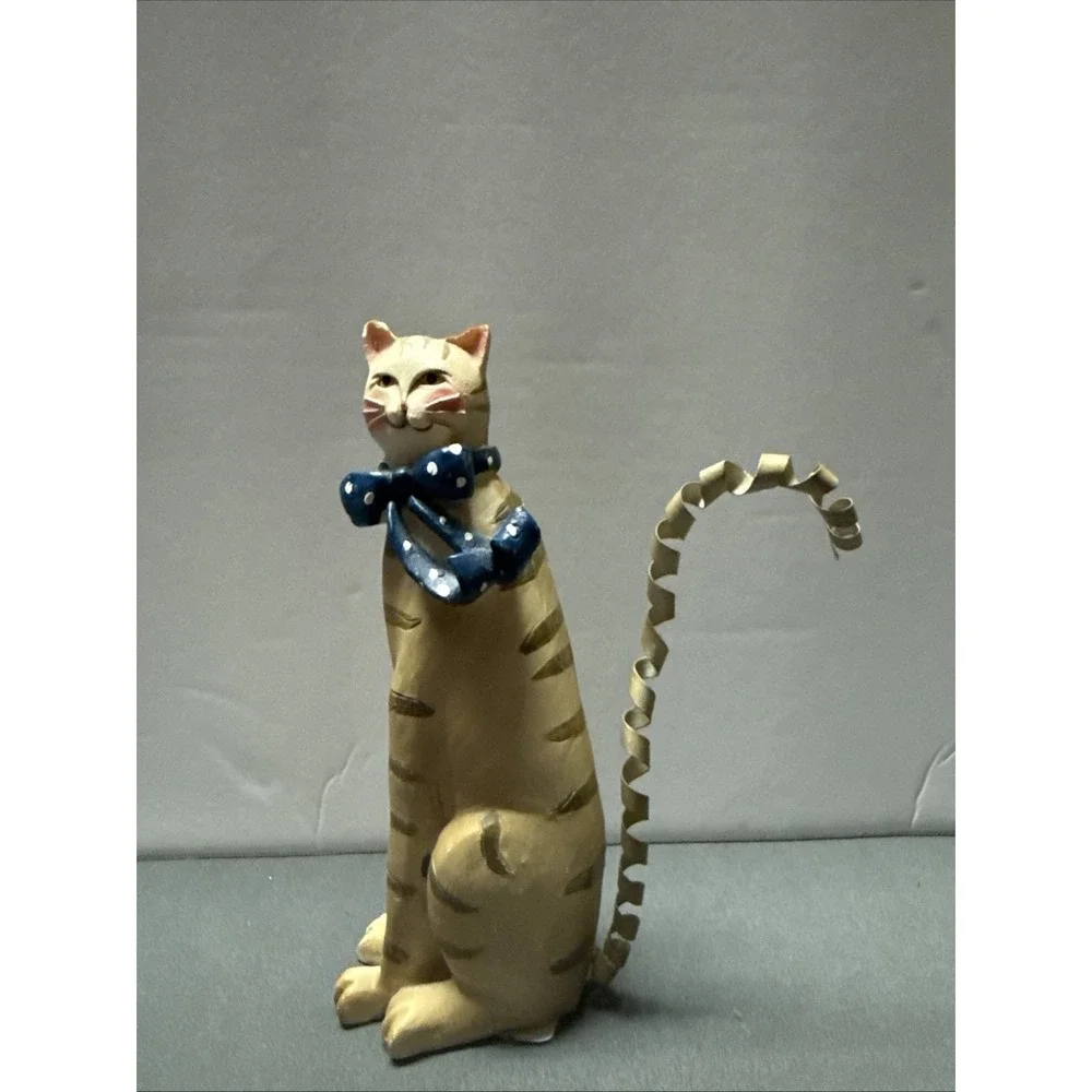 Folk Art Striped Tabby Cat Figurine 6 In Blue Bow Spring Metal Tail